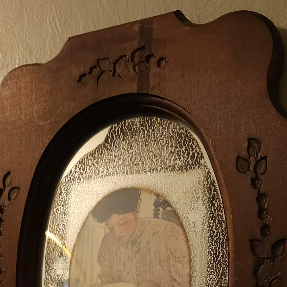 Antique 1930s Floral Etched Mirror Carved Wooden Frame